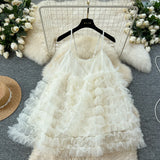 Yeknu  Summer French Vacation Suspender Dress Women Sleeveless Loose A-Line Solid Color Multi-layer Mesh Puffy Mini Dress