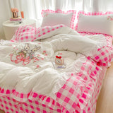 Yeknu Peter Garden Rabbit Bedding Set Double Layer Lace Plaid Duvet Cover Set Bed Sheets Set Pillowcase Single Double Queen Size Decor