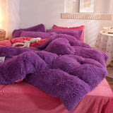 Yeknu  Winter Warm Long Plush Pink Bedding Set Queen Mink Velvet Double Duvet Cover Set with Fitted Sheet Warmth Quilt Covers