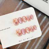 Yeknu  10pcs Pink Cherry Handmade Nails  Fine Glitter Cat-Eye Press on Nail Short Oval Full Coverage Nail Tip for Women&Girl Fasle Nail
