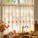 Yeknu  1Pc,Country Style Classic Lattice with Red Cherry Trim Splice Pure Color Short Curtain For Small Window,Chic Curtain For Kitchen
