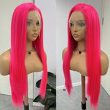 Yeknu  Hot Pink Wig Long Straight Synthetic Hair Lace Front Wigs for Women Bright Pink Long Silky Straight Lace Hair Cosplay Daily Wear