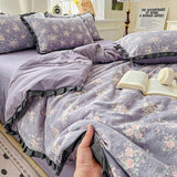 Yeknu  A-Class Wrinkled Yarn Lace Bedding Sets New Printing Skin-Friendly Cotton Soft Duvet Cover Kit Double Bed Summer Comforter Set