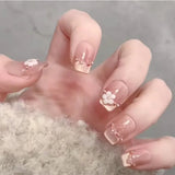 Yeknu  10Pcs Nude Short Square Handmade Press-On Nails Cat-Eye Effect with French Nail Tips Perfect for Women&Girls Daily Look Wear