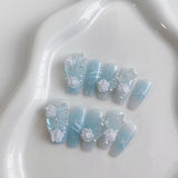 Yeknu  10 pieces of handmade coffin shaped nails, beautiful fake nails, light blue gradient nail art, three-dimensional white flowers,
