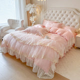 Yeknu 4/6Pcs Pink Butterfly Jacquard Three-layer Lace Ruffles Princess Wedding Bedding Set Duvet Cover Bed Skirt Bedspread Pillowcases