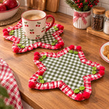 Yeknu  2Pcs,Star Shaped Gingham Drink Coaster,Classic Plaid Ruffle Cup Mat with Cherry Trim,Heat Resistant for Home Kitchen Party Decor
