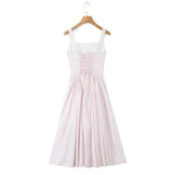 Yeknu  Jastie Lace Up Bandage Plaid Sling Dress Women Elegant Square Neck Low Waist A-line Midi Summer Dresses Holiday Party Robe