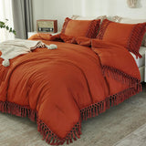 Yeknu  Boho Tassel Comforter Set in Burnt Orange, 3-Piece Lightweight Fall Bedding with Rust Accents (90x90In & 2 Pillowcases)