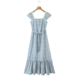 Yeknu  New Retro Plaid Midi Dress Spliced Lace Drawstring Square Neck Elegant Dresses Women Short Sleeve Slim Fit Summer Dress
