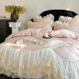 Yeknu  4Pcs Pink Romantic Lace Ruffles Princess Wedding Bedding Set 100% Cotton Duvet Cover Bed Sheet Or Quilted Bedspread Pillowcases