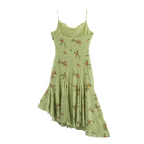 Yeknu  Summer New Green Women's Dress Printed Tulle Pleated Irregular Hem Midi Dress Sleeveless Casual Beach Holiday Dress