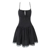 Yeknu  New Fashion Women's Mini Dress Black Polka Dot Lace Bowknot Suspender Dress