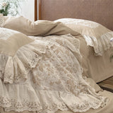 Yeknu 4/5Pcs French Vintage jacquard Lace Ruffles 100% Cotton Double Layer Yarn Bedding Sets Duvet Cover Flat/Fitted Sheet Pillowcases