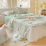 Yeknu  Sweet Floral printed Cool Summer blanket Lace and Ruffle Quilt for Home Skin-Friendly breathable air conditioner Comforters