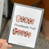 Yeknu  10pcs Ruby Cat Eye False Nails Handmade Sparkly Glitter Press on Nails Elegant Temperament Nail Art Rose Flower Nail for Women