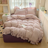 Yeknu  new cream lace girl powder grid Korean version bed four-piece set washed cotton double-layer yarn quilt cover dormitory