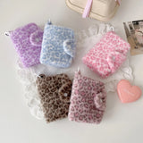 Yeknu  New Girl's Furry Leopard Print Coin Purse,Snap on Card Bag,Key Earphone Storage Bag,Cute Pendant Small Wallet