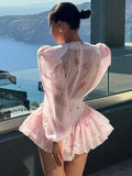 Elegant Printed Women's Dress Long Puffed Sleeve O-Neck Waist-Closed Lady Mini Dresses 2026 Summer Autumn Female Robe New