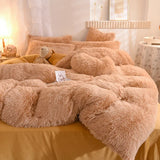 Yeknu  Winter Warm Long Plush Pink Bedding Set Queen Mink Velvet Double Duvet Cover Set with Fitted Sheet Warmth Quilt Covers