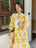 Yeknu  Three-quarter Sleeve Dresses Elegant Loose A-line Print Dress Women Summer Slim Gentle Stand-up Collar Floral Dress