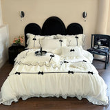 Yeknu  Romantic Lace Princess Black Bow Bedding Set Pink Korean Style Duvet/Comforter Cover Set Bed Sheet/Fitted Sheet Pillowcases 4Pcs