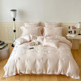 Yeknu French Style Flower Embroidered 100% Lyocell Bedding Set Pink High-end Natural Plant Fibres Duvet Cover Set Coolness Quilt Cover