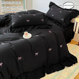 Yeknu  3pcs bow embroidery Bedding set ruffles Duvet Cover Set (1*Duvet Cover + 2*Pillowcase, Without Core)for bedroom guest room