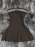 Yeknu  Women Frill Trim Polka Dot Print Contrast Lace Strapless Mini Dress