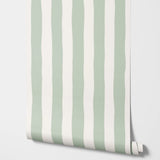 Yeknu  Removable Wallpaper Sage Green Stripes, Classic Stripe Wallpaper In Green and White For Kids Room, Renters Wallpaper Nursery