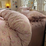 Yeknu  Small flower bow four piece set, soft and skin friendly cotton linen double bed duvet set, dormitory three piece set