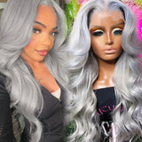 Yeknu  Silver Grey Lace Front Wig Synthetic Lace Wig Glueless Body Wave Long Wavy Silver Wig Body Wave Long Grey Hair Wigs for Women