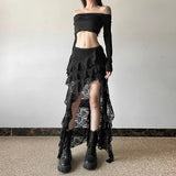 Yeknu  SylCue Mesh Patchwork Skirts Women Skinny Irregular Ruched Side Split Personality Niche Look Thinner Wild Street Style Bottoms