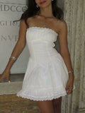 Yeknu Summer Women's Dress Sleeveless White Lace Wrap Chest Mini Dress