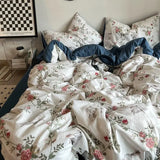 Yeknu Korean Style Ins Retro Fresh Floral Washed Cotton Bed Four Piece Duvet Set, Student Dormitory Bed Sheet Three Piece Set