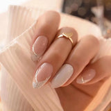 Yeknu 24Pcs Mid-length False Nails with Almond Head Design Brown Gold Lines Fake Nails Oval Wearable French Press on Nail Tips