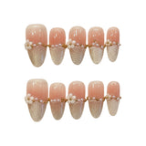Yeknu  10Pcs Short Oval Head Press On Nails With Pink Gold Powder Pearl Flower Design False Nails For Party Wedding Wearable Fake Nails