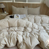 Yeknu Ins Nordic Bedding Set Striped Pure Cotton Duvet Cover Set Skin-Friendly Single Twin Full Queen Size Flat & Fitted Sheets Set