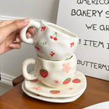 Yeknu 1Set Asymmetrical Fruit Ceramic Coffee Cup and Saucer, High-Looking Creative Hand-Painted Coffee Cup and Saucer, Suitable for Home Drinking Water, Coffee Shop Latte Art Cup, Party Coffee Cake Cup and Saucer, Gift Giving