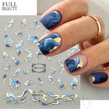 Yeknu - 3D Golden Wave Line Nail Sticker Marble Blue Geometry Abstract Flowers Nail Art Sliders Decals Foils Manicure Decorations CHTH