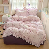 Yeknu  new cream lace girl powder grid Korean version bed four-piece set washed cotton double-layer yarn quilt cover dormitory