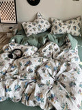 Yeknu Korean Style Ins Retro Fresh Floral Washed Cotton Bed Four Piece Duvet Set, Student Dormitory Bed Sheet Three Piece Set