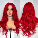 Yeknu  Red Wigs Long Wavy Wig for Women Synthetic Middle Part Natural Curly Body Wave Heat Resistant Fiber Wig for Daily Party Cosplay