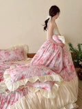 Yeknu  Vintage French Oil Painting Aesthetic 100% Long-staple Cotton Bedding Set – Princess Cotton Soft Sheets with Organza Lace Trim