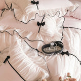 Yeknu  Romantic Lace Princess Black Bow Bedding Set Pink Korean Style Duvet/Comforter Cover Set Bed Sheet/Fitted Sheet Pillowcases 4Pcs