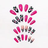 Yeknu  24Pcs Hot Pink Cherry Press On Nails Almond Fake Nails Black White Checkerboard Design Reusable Full Cover Artificial Nail Tips