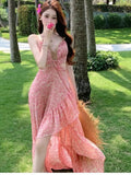 Yeknu  Summer New Pink Floral Suspender Dresses Women's Sleeveless Backless Sexy Beach Vacation Dress Chiffon Splicing Long Dress