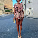 Yeknu  Floral Print Romper Sleeveless Ruffle Trim Deep V Neck Irregular Hem Light Chiffon Fabric Summer Vacation Lady Chic Romper