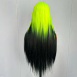 Yeknu  Black with Neon Green Roots Long Silky Straight Lace Front Synthetic Wig Middle Part Ombre Colored Wigs for Women Party Cosplay
