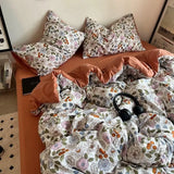 Yeknu Korean Style Ins Retro Fresh Floral Washed Cotton Bed Four Piece Duvet Set, Student Dormitory Bed Sheet Three Piece Set